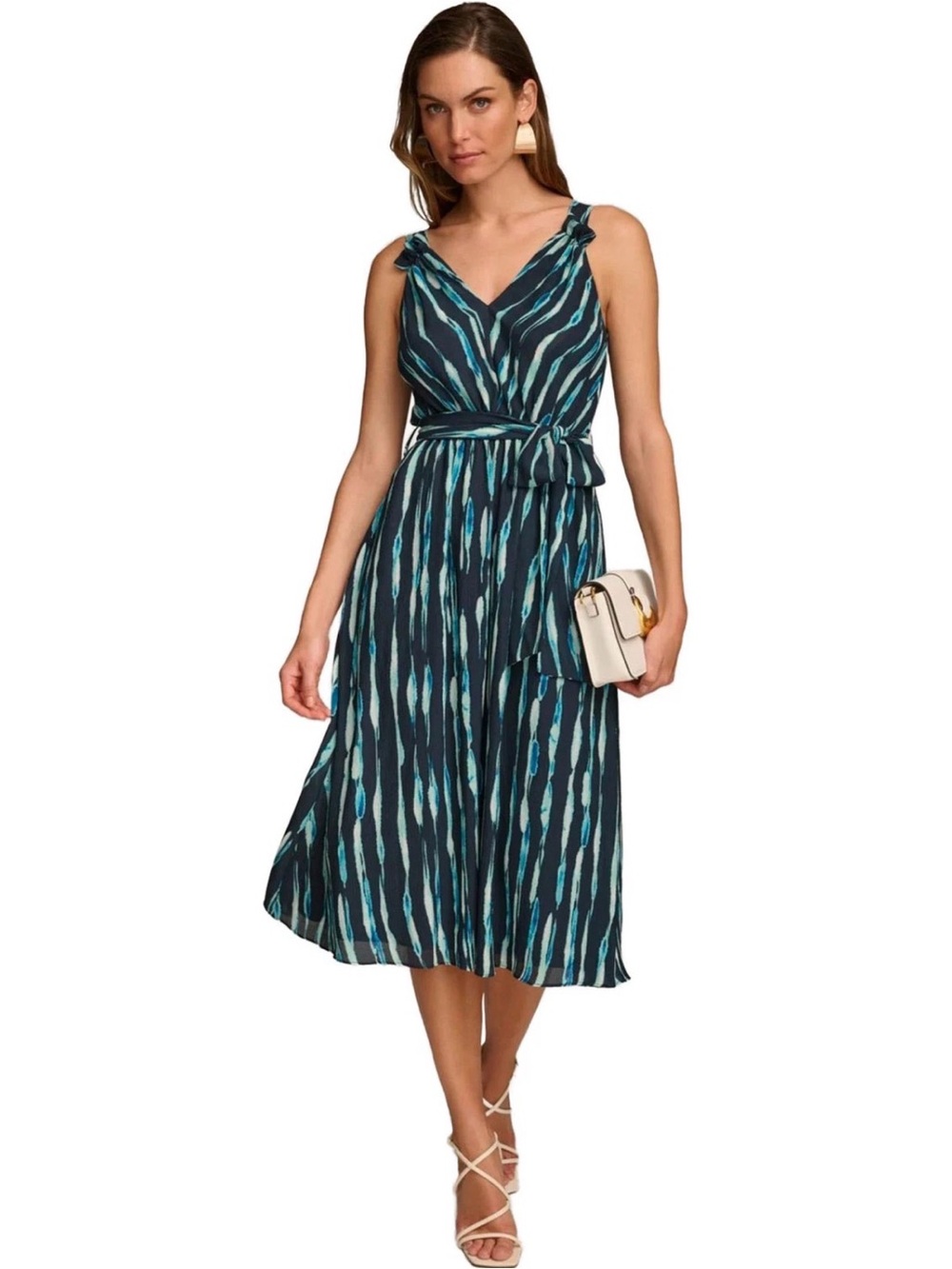 DKNY Sleeveless V-Neck Blue Stripe Summer Midi Dress NEW NWT